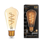 Лампа светодиод 6Вт ретро ST64 Е27 2400К 360Лм золото филамент прозр flexible Gauss Filament (1/10/40)