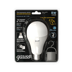 Лампа светодиод 8Вт груша А60 Е27 4100К 490Лм с Li-Ion аккумулятором Gauss Black (1/10/60) СНЯТ