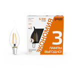 Лампа светодиод 5,5Вт Свеча на ветру 510Лм 2700К Е14 LED (3 лампы в упаковке) Gauss Basic Filament 1/20