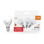 Лампа светодиод 5,5Вт Шар 525Лм 3000K E14 (3 лампы в упаковке) Gauss Basic LED 1/40