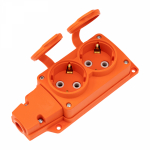 Розетка (колодка) влагозащищенная с крышкой 2 гнезда COMPACT, с/з, 16А, IP54, каучук, оранжевая REXANT